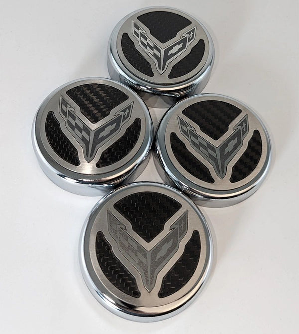 2020+ C8 Corvette Coupe - Cap Cover Set 4pc Carbon Fiber Inserts with Stainless Crossed Flags Logo | Polished/Brushed Finish