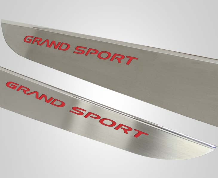 2010-2013 C6 Corvette - Door Guards with Grand Sport Inlay 2Pc | Brushed Stainless, Choose Color