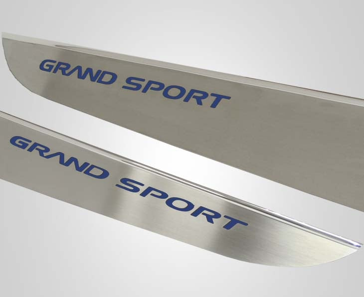 2010-2013 C6 Corvette - Door Guards with Grand Sport Inlay 2Pc | Brushed Stainless, Choose Color