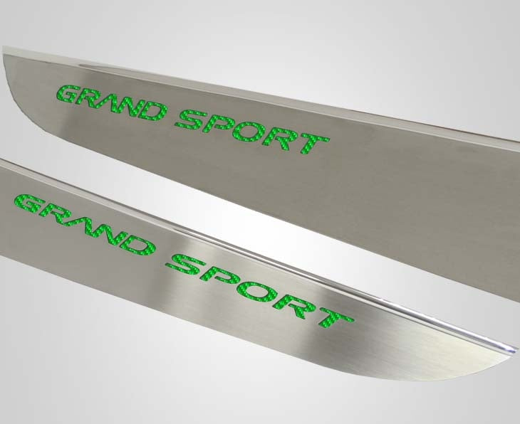 2010-2013 C6 Corvette - Door Guards with Grand Sport Inlay 2Pc | Brushed Stainless, Choose Color