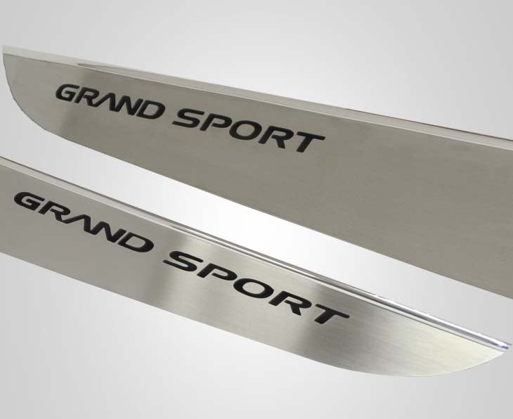 2010-2013 C6 Corvette - Door Guards with Grand Sport Inlay 2Pc | Brushed Stainless, Choose Color