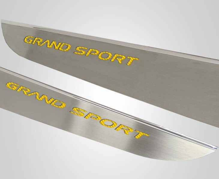 2010-2013 C6 Corvette - Door Guards with Grand Sport Inlay 2Pc | Brushed Stainless, Choose Color