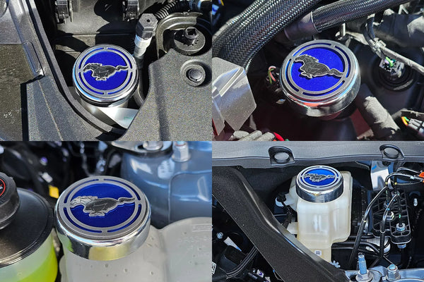 2015-2025 MUSTANG - FLUID CAP COVER AUTOMATIC TRANSMISSIONS ONLY, PONY LOGO 4PC SET | CHOOSE INLAY COLOR