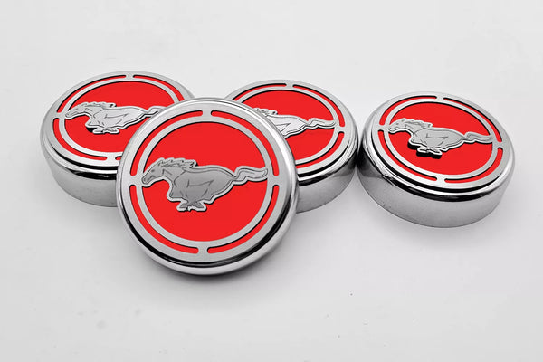 2015-2025 MUSTANG - FLUID CAP COVER AUTOMATIC TRANSMISSIONS ONLY, PONY LOGO 4PC SET | CHOOSE INLAY COLOR