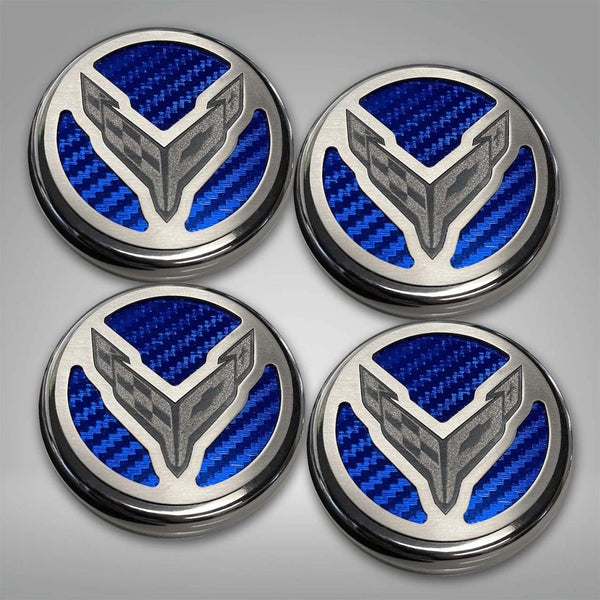 2020+ C8 Corvette Coupe - Cap Cover Set 4pc Carbon Fiber Inserts with Stainless Crossed Flags Logo | Polished/Brushed Finish