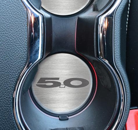 2015-2020 MUSTANG GT - '5.0' CUP HOLDER ACCENT PLATES 2PC | BRUSHED STAINLESS STEEL