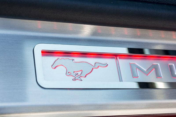 2015-2020 Mustang - Illuminated Door Sills W/Pony Emblem & Mustang Lettering 2PC | Stainless Steel, Choose LED Color