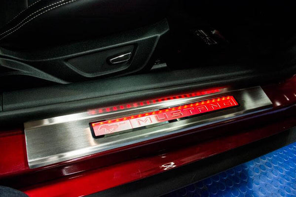 2015-2020 Mustang - Illuminated Door Sills W/Pony Emblem & Mustang Lettering 2PC | Stainless Steel, Choose LED Color
