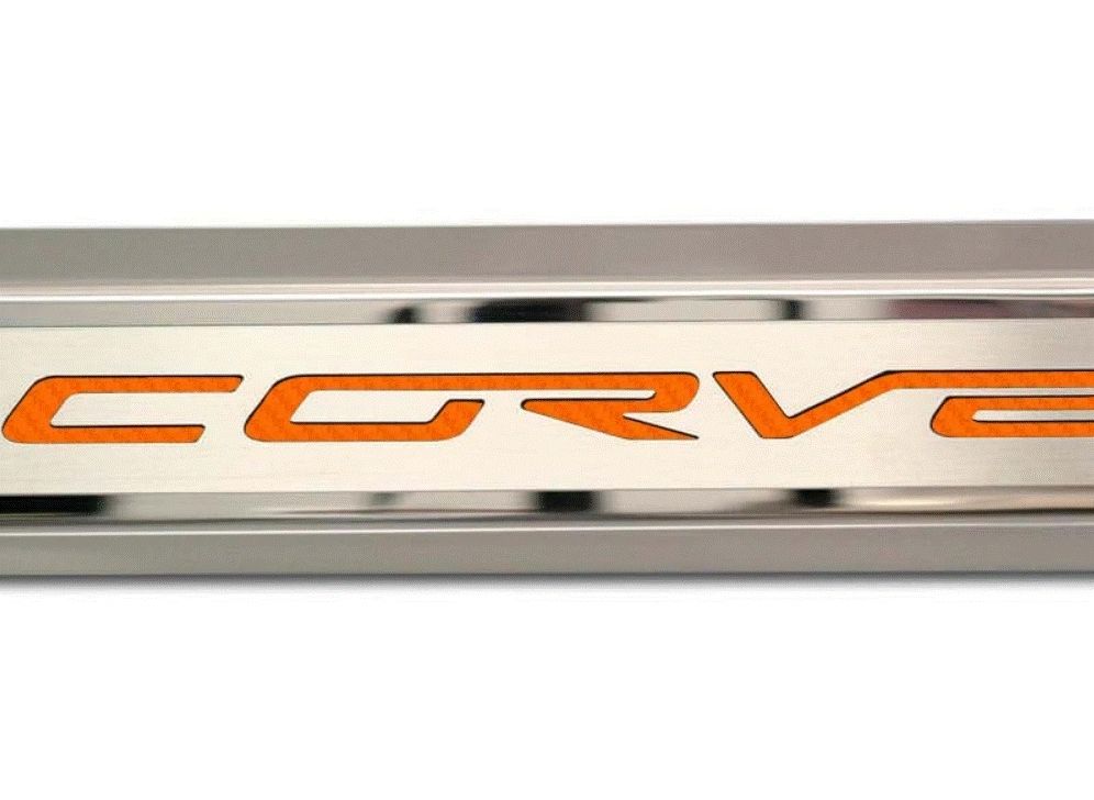 2005-2013 C6 Corvette - Inner Door Sills CORVETTE Lettering | Stainless Steel, Choose Inlay Color