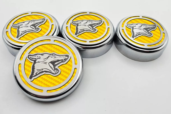 2015-2025 MUSTANG - FLUID CAP COVER AUTOMATIC TRANSMISSIONS ONLY, COYOTE LOGO 4PC SET | CHOOSE INLAY COLOR