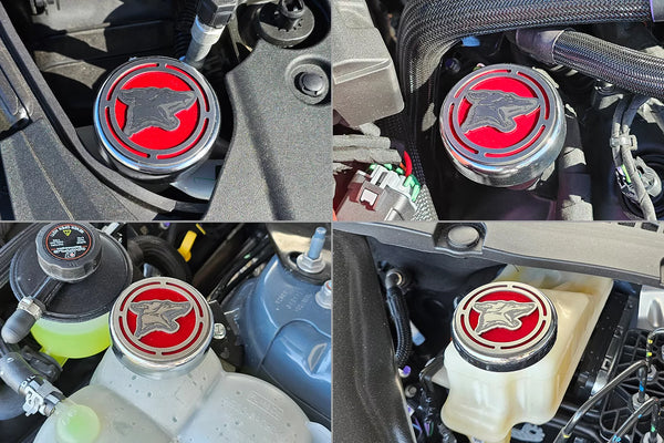 2015-2025 MUSTANG - FLUID CAP COVER AUTOMATIC TRANSMISSIONS ONLY, COYOTE LOGO 4PC SET | CHOOSE INLAY COLOR