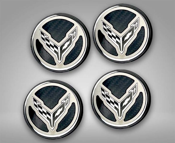 2020+ C8 Corvette Coupe - Cap Cover Set 4pc Carbon Fiber Inserts with Stainless Crossed Flags Logo | Polished/Brushed Finish