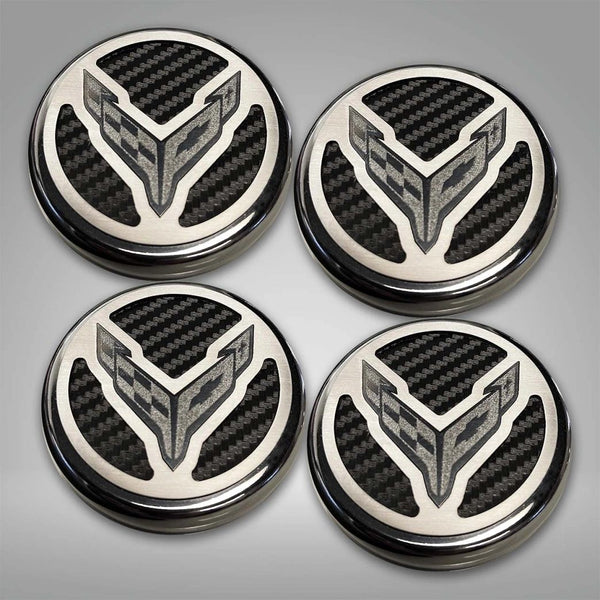 2020+ C8 Corvette Coupe - Cap Cover Set 4pc Carbon Fiber Inserts with Stainless Crossed Flags Logo | Polished/Brushed Finish