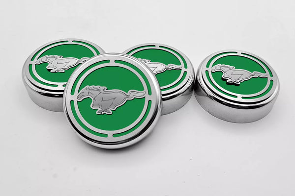 2015-2025 MUSTANG - FLUID CAP COVER AUTOMATIC TRANSMISSIONS ONLY, PONY LOGO 4PC SET | CHOOSE INLAY COLOR