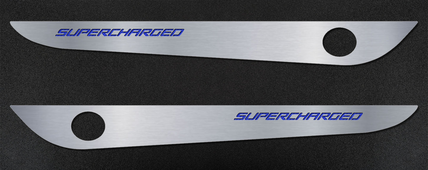 2005-2013 C6 Corvette - Door Guards with SUPERCHARGED Inlay 2Pc | Brushed Stainless, Choose Color