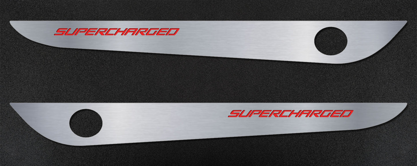 2005-2013 C6 Corvette - Door Guards with SUPERCHARGED Inlay 2Pc | Brushed Stainless, Choose Color