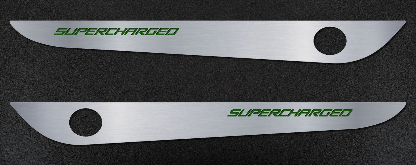 2005-2013 C6 Corvette - Door Guards with SUPERCHARGED Inlay 2Pc | Brushed Stainless, Choose Color