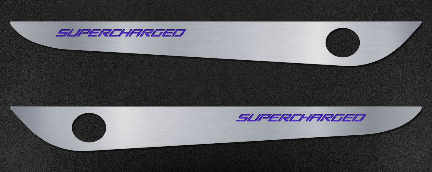2005-2013 C6 Corvette - Door Guards with SUPERCHARGED Inlay 2Pc | Brushed Stainless, Choose Color
