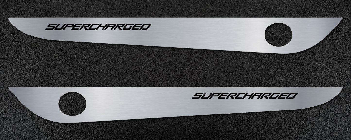 2005-2013 C6 Corvette - Door Guards with SUPERCHARGED Inlay 2Pc | Brushed Stainless, Choose Color