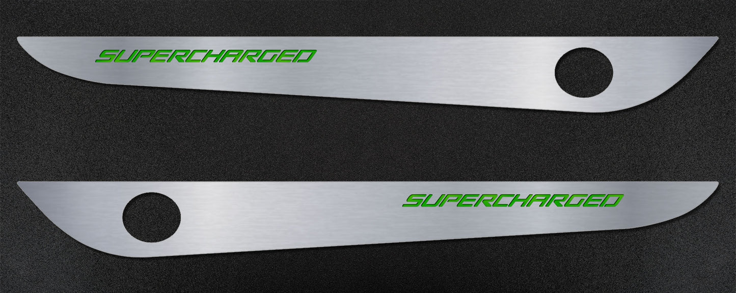 2005-2013 C6 Corvette - Door Guards with SUPERCHARGED Inlay 2Pc | Brushed Stainless, Choose Color