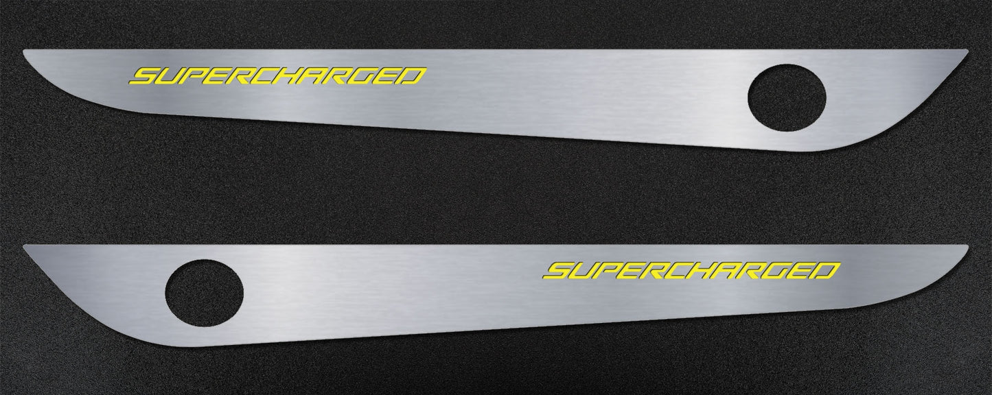 2005-2013 C6 Corvette - Door Guards with SUPERCHARGED Inlay 2Pc | Brushed Stainless, Choose Color
