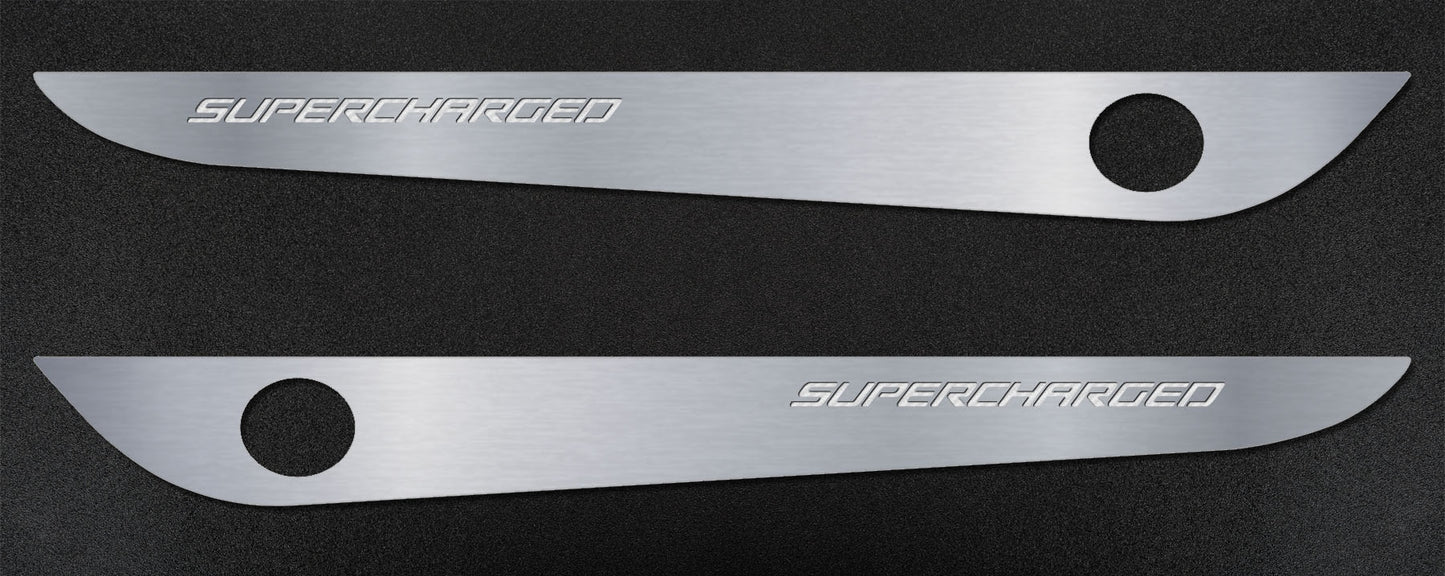 2005-2013 C6 Corvette - Door Guards with SUPERCHARGED Inlay 2Pc | Brushed Stainless, Choose Color