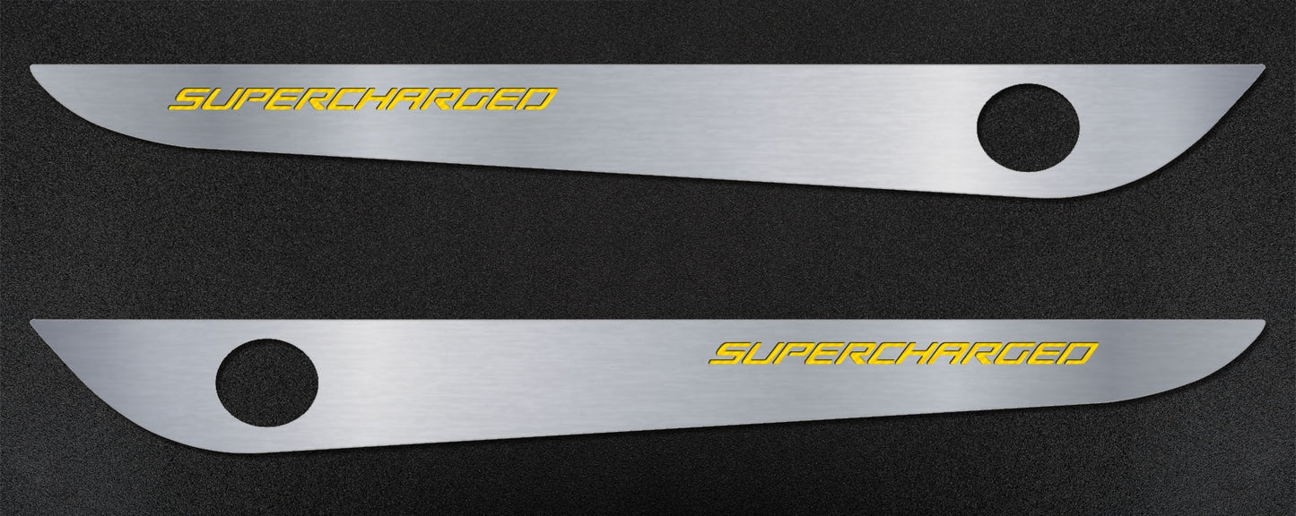 2005-2013 C6 Corvette - Door Guards with SUPERCHARGED Inlay 2Pc | Brushed Stainless, Choose Color