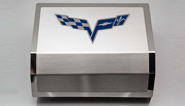 2005-2013 C6 Corvette - Deluxe Fuse Box Cover w/Crossed Flags Emblem | Stainless Steel, Choose Color