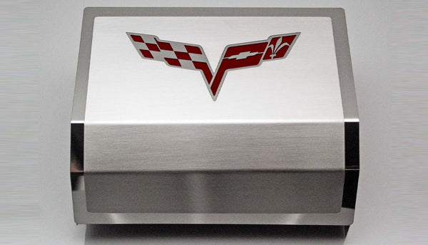 2005-2013 C6 Corvette - Deluxe Fuse Box Cover w/Crossed Flags Emblem | Stainless Steel, Choose Color