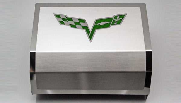 2005-2013 C6 Corvette - Deluxe Fuse Box Cover w/Crossed Flags Emblem | Stainless Steel, Choose Color