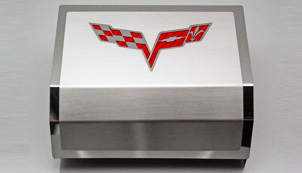 2005-2013 C6 Corvette - Deluxe Fuse Box Cover w/Crossed Flags Emblem | Stainless Steel, Choose Color