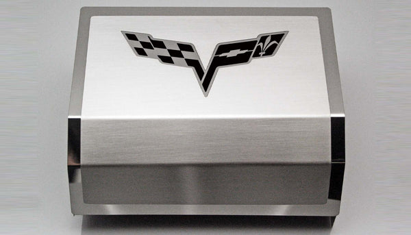 2005-2013 C6 Corvette - Deluxe Fuse Box Cover w/Crossed Flags Emblem | Stainless Steel, Choose Color