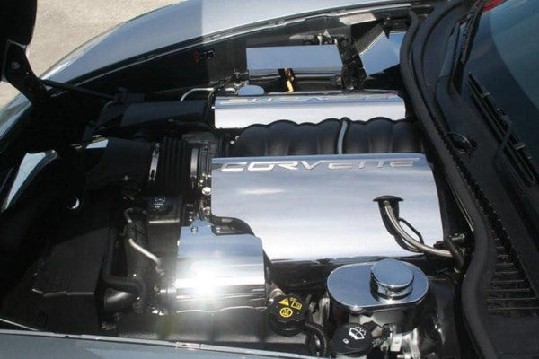2005-2007 C6 Corvette - Fuel Rail Covers W/Corvette Script | Polished Stainless Steel