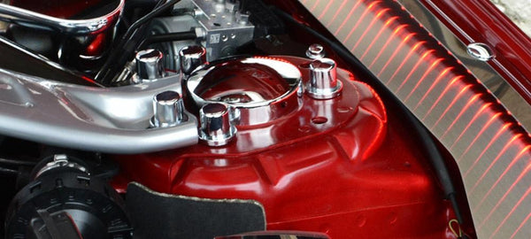 2015-2020 Mustang - Shock Tower Dome Covers | Polished Stainless Steel & Chrome Bolt Covers