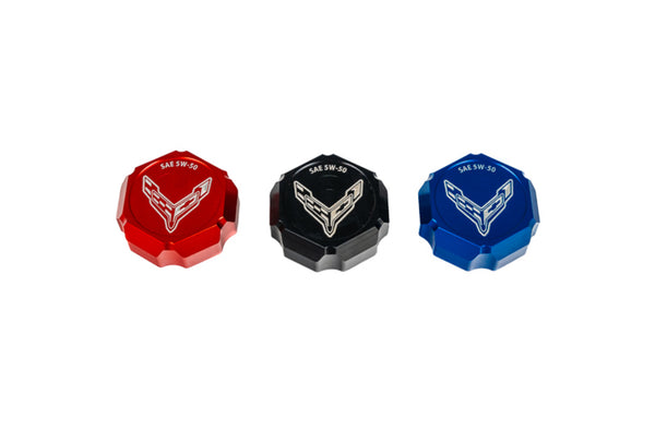 C8 Z06 5W50 Corvette Flag or Z06 Script Billet Oil Cap Cover - Black, Blue or Red