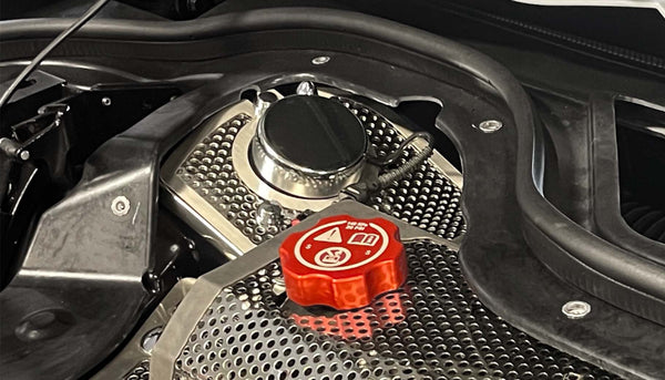 HTC C8 Corvette Shock Tower Covers With Brushed Trim | Perforated Stainless Steel