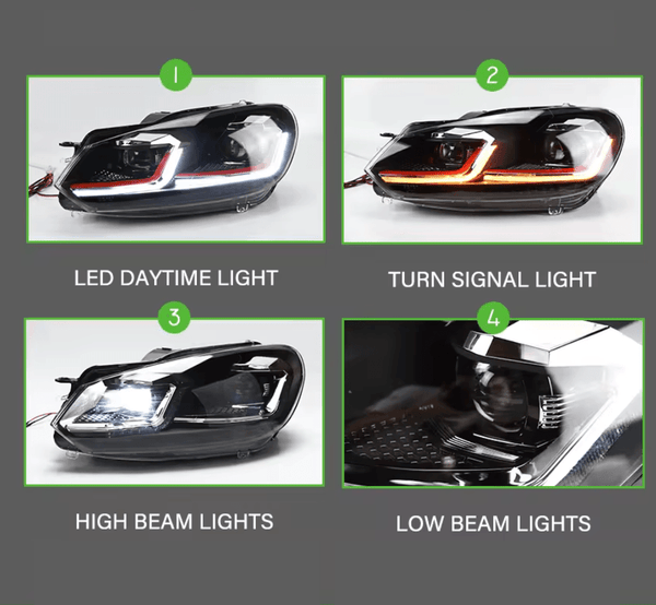 Volkswagen Golf MK6 Red, Silver, and Black Projector with Dynamic Signal LED Headlights (2009 - 2013)