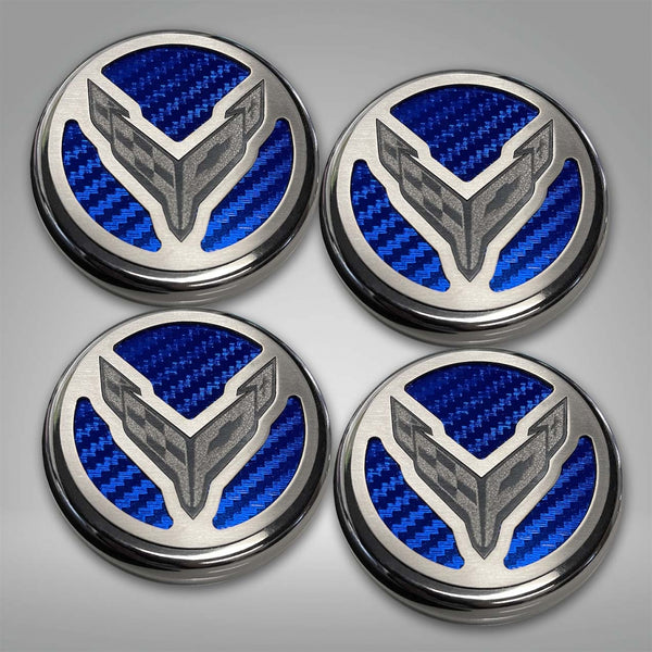 2020+ C8 Corvette Coupe - Cap Cover Set 4pc Carbon Fiber Inserts with Stainless Crossed Flags Logo | Polished/Brushed Finish