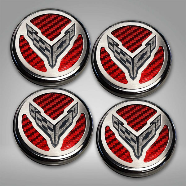 2020+ C8 Corvette Coupe - Cap Cover Set 4pc Carbon Fiber Inserts with Stainless Crossed Flags Logo | Polished/Brushed Finish