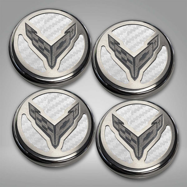 2020+ C8 Corvette Coupe - Cap Cover Set 4pc Carbon Fiber Inserts with Stainless Crossed Flags Logo | Polished/Brushed Finish