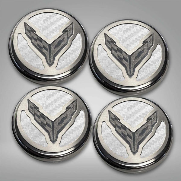 2020+ C8 Corvette Coupe - Cap Cover Set 4pc Carbon Fiber Inserts with Stainless Crossed Flags Logo | Polished/Brushed Finish