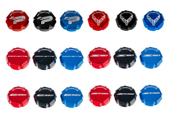 C8 "Corvette Flag" “Z06” "Paragon" “Z51” “ERay” “Corvette” Billet DOT 4 Brake Fluid Cap Cover - Black, Blue or Red