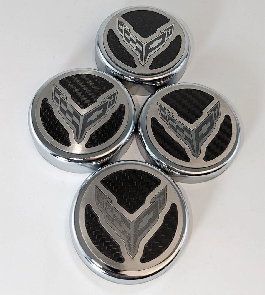 2020-2022 C8 Corvette Coupe - Cap Cover Set 4pc Carbon Fiber Inserts with Stainless Crossed Flags Logo | Polished/Brushed Finish