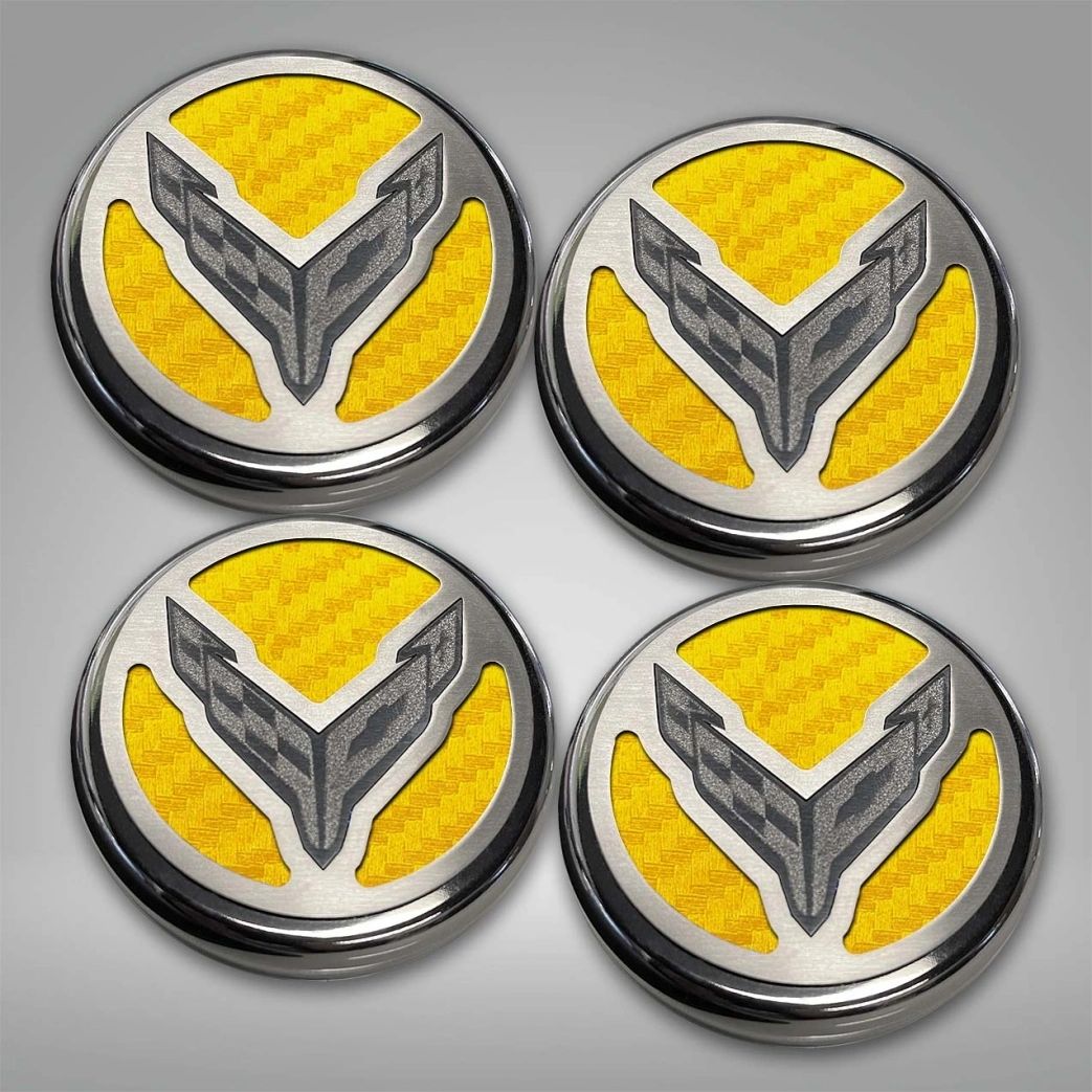 2020-2022 C8 Corvette Coupe - Cap Cover Set 4pc Carbon Fiber Inserts with Stainless Crossed Flags Logo | Polished/Brushed Finish