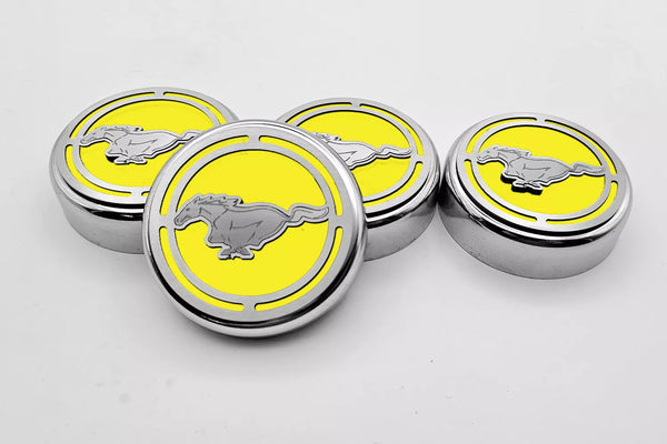 2015-2025 MUSTANG - FLUID CAP COVER AUTOMATIC TRANSMISSIONS ONLY, PONY LOGO 4PC SET | CHOOSE INLAY COLOR