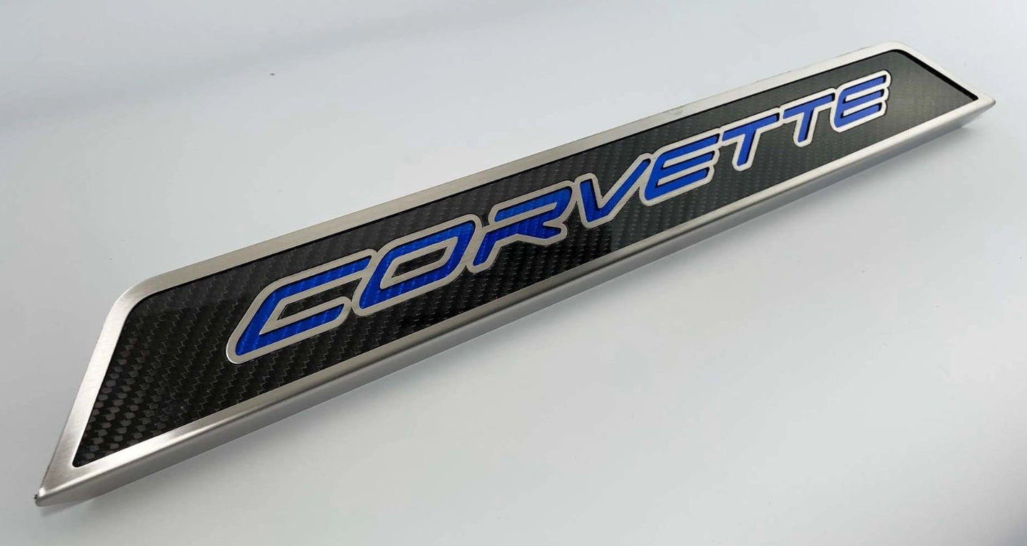 2020-2022 C8 Corvette Replacement Doorsills Carbon Fiber w/Brushed Stainless Steel 'Corvette' Style Insert.