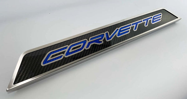 2020+ C8 Corvette Replacement Doorsills Carbon Fiber w/Brushed Stainless Steel 'Corvette' Style Insert.