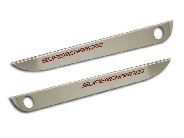 2005-2013 C6 Corvette - Door Guards with SUPERCHARGED Inlay 2Pc | Brushed Stainless, Choose Color