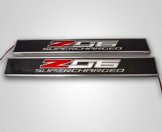 2014-2019 C7 Corvette - Light Up Z06 SUPERCHARGED Replacement Door Sills 2Pc| Carbon Fiber w/Stainless Trim