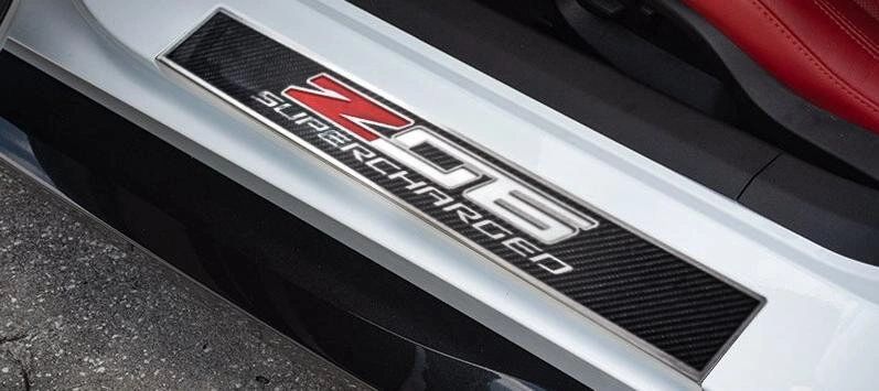 2014-2019 C7 Corvette - Light Up Z06 SUPERCHARGED Replacement Door Sills 2Pc| Carbon Fiber w/Stainless Trim